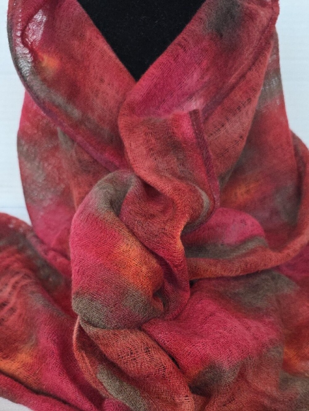 J. Jill | Women's Wool Burgundy Red Pink Orange Abstract Watercolor Scarf Wrap
